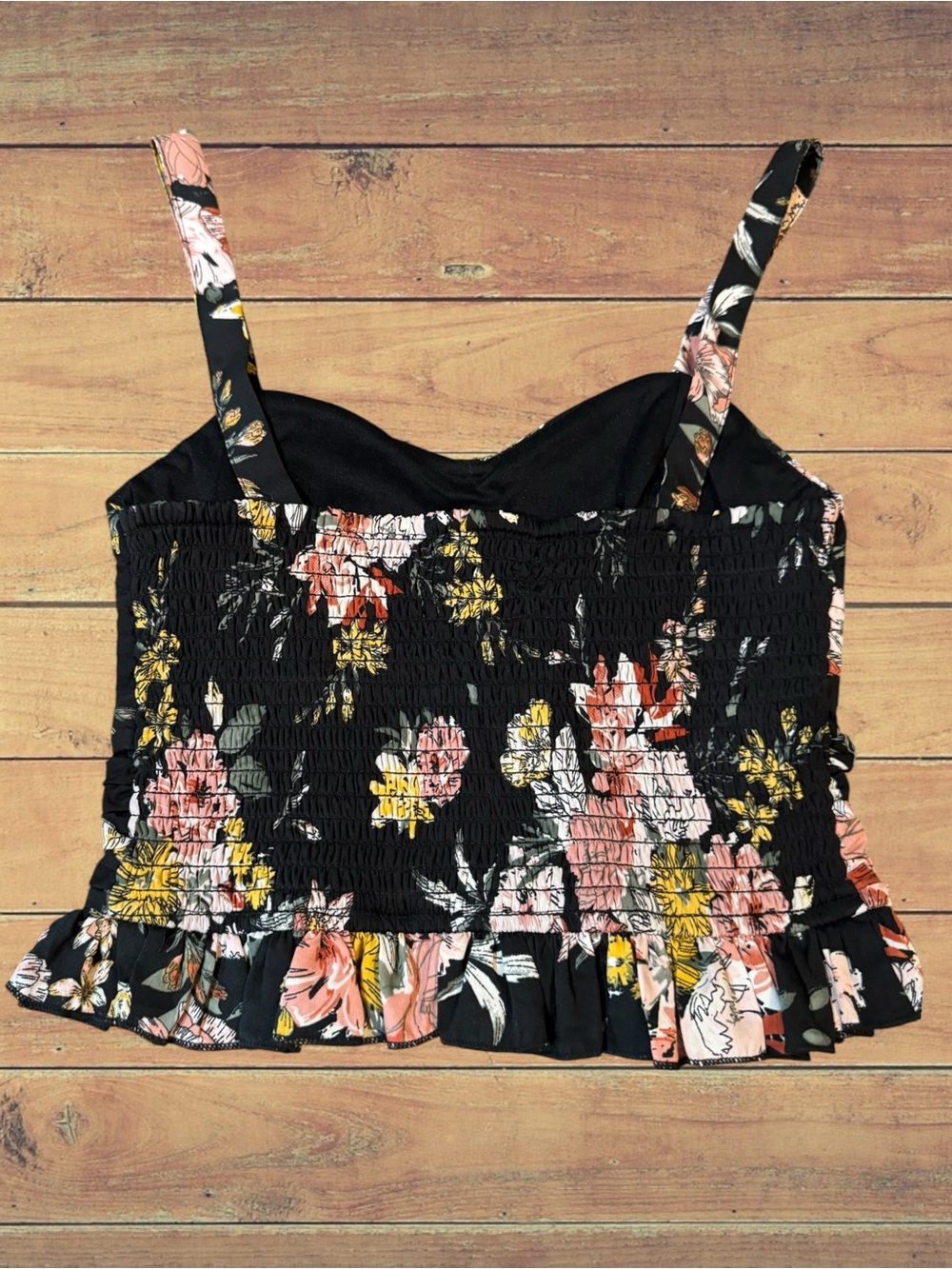 B.O.G. Collective Smocked Floral Ruffle Crop Top Camisole Black Pink XS - Picture 6 of 9